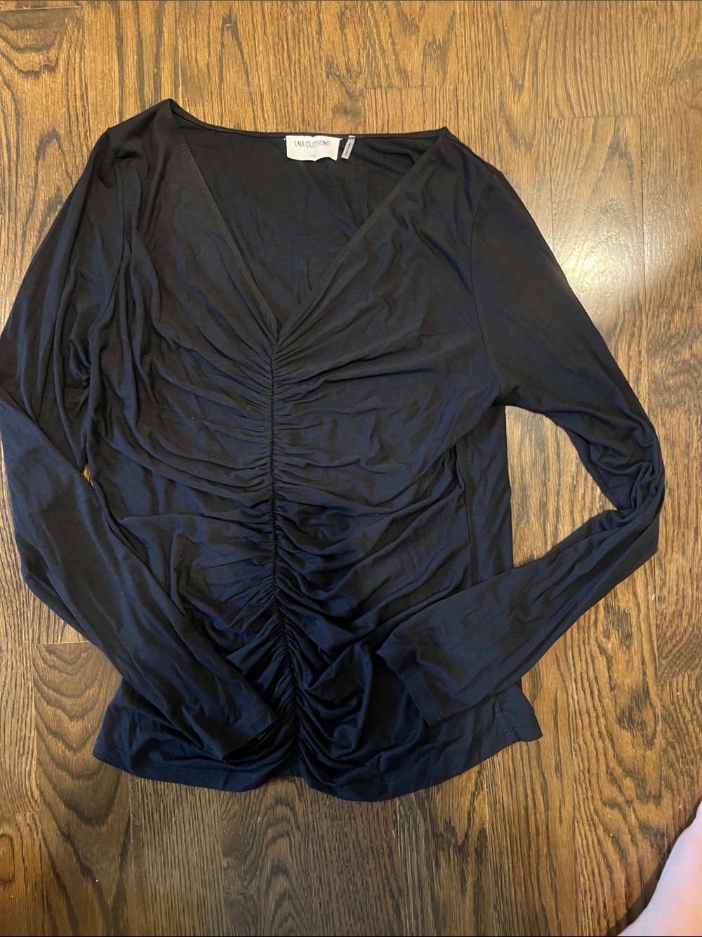 LNA Black Ruched V-Neck Long Sleeve Top